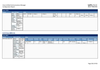 Cisco Unified Communications Manager
Configuration Report
Page 263 of 453
Cisco 7975
Phone Base settings Lines
CSS CSS_1
MRGL MRGL1
Location Hub_None
AAR
Group
AARGroupTe
st
Button
Template
Standard
7975 SCCP
with intercom
button
Softkey
Template
< None >
Owner
User ID
< None >
Line 1 797500 < None > < None > 7975
on 120
new
4/2 < None
>
/
< None
>
/
< None
>
/
< None >
6.4.9 Cisco 8841 (1)
Cisco 8841
Phone Base settings Lines
SEP3C5EC30DCC2D Model Cisco 8841
Description 8841 SIP
Protocol SIP
Device Pool Default
CSS CSS_1
MRGL < None >
Location Hub_None
AAR Group
Button
Template
Standard
8941 SIP
Softkey
Template
< None >
Owner User
ID
< None >
# Extension Partition CSS Linetext Alerting
Name
External
Mask
Pickup
Grp
max/busy VM Profile CF All CF Busy CF
NoAnswer
CFNA
[secs]
Line
1
10005 P_1 CSS_1 8841 on
120
QUALITY
CONTROL
4/2 VMP_Sydney /
< None >
/
< None >
/ < None >
 