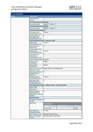 Cisco Unified Communications Manager
Configuration Report
Page 284 of 453
Trunk (Detailed)
Name Trunk Info
Header Delivery -
Inbound
Incoming Calling Party Settings
Incoming Number Default / / < None > / Y
Incoming Called Party Settings
Incoming Number Default / / < None > / Y
Connected Party Settings
Connected Party
Transformation CSS
< None >
Use Device Pool
Connected Party
Transformation CSS
Y
Call Routing Information - Outbound Calls
Called Party
Transformation CSS
< None >
Use Device Pool
Called Party
Transformation CSS
Y
Calling Party
Transformation CSS
< None >
Use Device Pool
Calling Party
Transformation CSS
Y
Calling Party Selection Originator
Calling Line ID
Presentation
Default
Calling Name
Presentation
Default
Calling and Connected
Party Info Format
Deliver DN only in connected party
Redirecting Diversion
Header Delivery -
Outbound
N
Redirecting Party
Transformation CSS
< None >
Use Device Pool
Redirecting Party
Transformation CSS
Y
Call Routing Information - Outbound Calls - Caller Information
Caller ID DN
Caller Name
Maintain Original
Caller ID DN and
Caller Name in Identity
Headers
N
SIP Information
Destination Address is
an SRV
N
Destination
Destination
Address Address IPv6 Port
10.1.5.120 34567
MTP Preferred
Originating Codec
711ulaw
BLF Presence Group Standard Presence group
SIP Trunk Security
Profile
Non Secure SIP Trunk Profile
 
