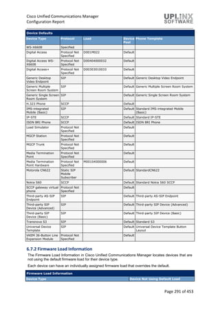 Cisco Unified Communications Manager
Configuration Report
Page 291 of 453
Device Defaults
Device Type Protocol Load Device
Pool
Phone Template
WS-X6608 Specified
Digital Access Protocol Not
Specified
D001M022 Default
Digital Access WS-
X6608
Protocol Not
Specified
D00404000032 Default
Digital Access+ Protocol Not
Specified
D00303010033 Default
Generic Desktop
Video Endpoint
SIP Default Generic Desktop Video Endpoint
Generic Multiple
Screen Room System
SIP Default Generic Multiple Screen Room System
Generic Single Screen
Room System
SIP Default Generic Single Screen Room System
H.323 Phone SCCP Default
IMS-integrated
Mobile (Basic)
SIP Default Standard IMS-integrated Mobile
(Basic)
IP-STE SCCP Default Standard IP-STE
ISDN BRI Phone SCCP Default ISDN BRI Phone
Load Simulator Protocol Not
Specified
Default
MGCP Station Protocol Not
Specified
Default
MGCP Trunk Protocol Not
Specified
Default
Media Termination
Point
Protocol Not
Specified
Default
Media Termination
Point Hardware
Protocol Not
Specified
M00104000006 Default
Motorola CN622 Static SIP
Mobile
Subscriber
Default StandardCN622
Nokia S60 SCCP Default Standard Nokia S60 SCCP
SCCP gateway virtual
phone
Protocol Not
Specified
Default
Third-party AS-SIP
Endpoint
SIP Default Third-party AS-SIP Endpoint
Third-party SIP
Device (Advanced)
SIP Default Third-party SIP Device (Advanced)
Third-party SIP
Device (Basic)
SIP Default Third-party SIP Device (Basic)
Transnova S3 SIP Default Standard S3
Universal Device
Template
SIP Default Universal Device Template Button
Layout
VKEM 36-Button Line
Expansion Module
Protocol Not
Specified
Default
6.7.2 Firmware Load Information
The Firmware Load Information in Cisco Unified Communications Manager locates devices that are
not using the default firmware load for their device type.
Each device can have an individually assigned firmware load that overrides the default.
Firmware Load Information
Device Type Device Not Using Default Load
 