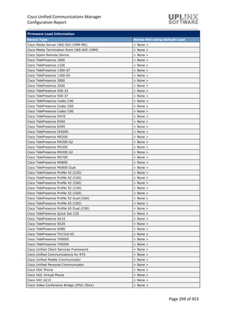 Cisco Unified Communications Manager
Configuration Report
Page 294 of 453
Firmware Load Information
Device Type Device Not Using Default Load
Cisco Media Server (WS-SVC-CMM-MS) < None >
Cisco Media Termination Point (WS-SVC-CMM) < None >
Cisco Spark Remote Device < None >
Cisco TelePresence 1000 < None >
Cisco TelePresence 1100 < None >
Cisco TelePresence 1300-47 < None >
Cisco TelePresence 1300-65 < None >
Cisco TelePresence 3000 < None >
Cisco TelePresence 3200 < None >
Cisco TelePresence 500-32 < None >
Cisco TelePresence 500-37 < None >
Cisco TelePresence Codec C40 < None >
Cisco TelePresence Codec C60 < None >
Cisco TelePresence Codec C90 < None >
Cisco TelePresence DX70 < None >
Cisco TelePresence EX60 < None >
Cisco TelePresence EX90 < None >
Cisco TelePresence IX5000 < None >
Cisco TelePresence MX200 < None >
Cisco TelePresence MX200 G2 < None >
Cisco TelePresence MX300 < None >
Cisco TelePresence MX300 G2 < None >
Cisco TelePresence MX700 < None >
Cisco TelePresence MX800 < None >
Cisco TelePresence MX800 Dual < None >
Cisco TelePresence Profile 42 (C20) < None >
Cisco TelePresence Profile 42 (C40) < None >
Cisco TelePresence Profile 42 (C60) < None >
Cisco TelePresence Profile 52 (C40) < None >
Cisco TelePresence Profile 52 (C60) < None >
Cisco TelePresence Profile 52 Dual (C60) < None >
Cisco TelePresence Profile 65 (C60) < None >
Cisco TelePresence Profile 65 Dual (C90) < None >
Cisco TelePresence Quick Set C20 < None >
Cisco TelePresence SX10 < None >
Cisco TelePresence SX20 < None >
Cisco TelePresence SX80 < None >
Cisco TelePresence TX1310-65 < None >
Cisco TelePresence TX9000 < None >
Cisco TelePresence TX9200 < None >
Cisco Unified Client Services Framework < None >
Cisco Unified Communications for RTX < None >
Cisco Unified Mobile Communicator < None >
Cisco Unified Personal Communicator < None >
Cisco VGC Phone < None >
Cisco VGC Virtual Phone < None >
Cisco VXC 6215 < None >
Cisco Video Conference Bridge (IPVC-35xx) < None >
 