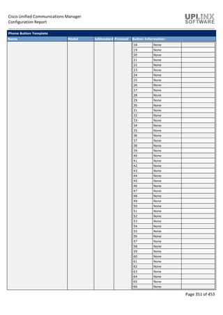 Cisco Unified Communications Manager
Configuration Report
Page 351 of 453
Phone Button Template
Name Model IsStandard Protocol Button Information
18 None
19 None
20 None
21 None
22 None
23 None
24 None
25 None
26 None
27 None
28 None
29 None
30 None
31 None
32 None
33 None
34 None
35 None
36 None
37 None
38 None
39 None
40 None
41 None
42 None
43 None
44 None
45 None
46 None
47 None
48 None
49 None
50 None
51 None
52 None
53 None
54 None
55 None
56 None
57 None
58 None
59 None
60 None
61 None
62 None
63 None
64 None
65 None
66 None
 