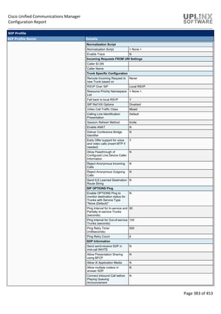 Cisco Unified Communications Manager
Configuration Report
Page 383 of 453
SIP Profile
SIP Profile Name Details
Normalization Script
Normalization Script < None >
Enable Trace N
Incoming Requests FROM URI Settings
Caller ID DN
Caller Name
Trunk Specific Configuration
Reroute Incoming Request to
new Trunk based on
Never
RSVP Over SIP Local RSVP
Resource Priority Namespace
List
< None >
Fall back to local RSVP Y
SIP Rel1XX Options Disabled
Video Call Traffic Class Mixed
Calling Line Identification
Presentation
Default
Session Refresh Method Invite
Enable ANAT N
Deliver Conference Bridge
Identifier
N
Early Offer support for voice
and video calls (insert MTP if
needed)
Y
Allow Passthrough of
Configured Line Device Caller
Information
N
Reject Anonymous Incoming
Calls
N
Reject Anonymous Outgoing
Calls
N
Send ILS Learned Destination
Route String
N
SIP OPTIONS Ping
Enable OPTIONS Ping to
monitor destination status for
Trunks with Service Type
"None (Default)"
N
Ping Interval for In-service and
Partially In-service Trunks
(seconds)
60
Ping Interval for Out-of-service
Trunks (seconds)
120
Ping Retry Timer
(milliseconds)
500
Ping Retry Count 6
SDP Information
Send send-receive SDP in
mid-call INVITE
N
Allow Presentation Sharing
using BFCP
N
Allow iX Application Media N
Allow multiple codecs in
answer SDP
N
Connect Inbound Call before
Playing Queuing
Announcement
N
 
