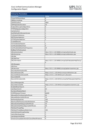 Cisco Unified Communications Manager
Configuration Report
Page 39 of 453
Enterprise Parameters
Parameter Value
ClusterSIPOAuthMode 0
LBMSecurityMode 0
CAPFPhonePort 3804
CAPFOperationDuration 10
EndpointEncryptionAlgorithms 0
TFTPFileSignatureAlgorithm 1
CacheControl T
AuthMethodForBrowserAccess 1
TLSCipherPreference 1
SRTPCipherSelection 0
HTTPSCipherSelection 1
TrustedServers
TerminateUserSession 1
CertificateValidityCheck 0
CertificateValidityCheckFrequency 24
RollBackToPreGrayback F
URLAuthentication http://10.5.1.120:8080/ccmcip/authenticate.jsp
URLDirectories http://10.5.1.120:8080/ccmcip/xmldirectory.jsp
URLIdle
URLIdleTime
URLInformation http://10.5.1.120:8080/ccmcip/GetTelecasterHelpText.js
p
URLMessages
URLProxy
URLServices http://10.5.1.120:8080/ccmcip/getservicesmenu.jsp
SecureAuthenticationURL
SecureDirectoryURL https://10.5.1.120:8443/ccmcip/xmldirectory.jsp
SecureUDSUsersAccessURL https://10.5.1.120:8443/cucm-uds/users
SecureIdleURL
SecureInformationURL https://10.5.1.120:8443/ccmcip/GetTelecasterHelpText.j
sp
SecureMessagesURL
SecureServicesURL https://10.5.1.120:8443/ccmcip/getservicesmenu.jsp
EnableAllUserSearch T
UserSearchLimit 64
NumberofDigitstoMatch 4
CCMPDSessionTimeout 86400
AllowedPerfmonQueriesPerMinute 50
AllowedRisQueriesPerMinute 15
PerfmonQueueLimit 100
MaximumPerfmonCountersPerSession 100
AllowedCdrGetFileQueriesPerMinute 10
AllowedCdrGetFileListQueriesPerMinute 20
FileCloseThreadFlag T
FileCloseThreadQueueWatermark 100
restrictOnUserGroupOverlap 1
restrictNonSuperUser T
userAssignmentMode 0
directoryGroupOperationsOnCiscoIMandPresence 0
 
