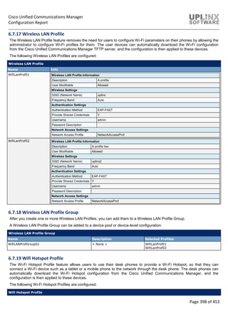 Cisco Unified Communications Manager
Configuration Report
Page 398 of 453
6.7.17 Wireless LAN Profile
The Wireless LAN Profile feature removes the need for users to configure Wi-Fi parameters on their phones by allowing the
administrator to configure Wi-Fi profiles for them. The user devices can automatically download the Wi-Fi configuration
from the Cisco Unified Communications Manager TFTP server, and the configuration is then applied to these devices.
The following Wireless LAN Profiles are configured:
Wireless LAN Profile
Name Info
WifiLanProf01 Wireless LAN Profile Information
Description A profile
User Modifiable Allowed
Wireless Settings
SSID (Network Name) uplinx
Frequency Band Auto
Authentication Settings
Authentication Method EAP-FAST
Provide Shared Credentials Y
Username admin
Password Description
Network Access Settings
Network Access Profile NetworkAccessProf
WifiLanProf02 Wireless LAN Profile Information
Description A profile two
User Modifiable Allowed
Wireless Settings
SSID (Network Name) uplinx2
Frequency Band Auto
Authentication Settings
Authentication Method EAP-FAST
Provide Shared Credentials Y
Username admin
Password Description
Network Access Settings
Network Access Profile NetworkAccessProf
6.7.18 Wireless LAN Profile Group
After you create one or more Wireless LAN Profiles, you can add them to a Wireless LAN Profile Group.
A Wireless LAN Profile Group can be added to a device pool or device-level configuration.
Wireless LAN Profile Group
Name Description Selected Profiles
WifiLANProfGroup01 < None > WifiLanProf01
WifiLanProf02
6.7.19 Wifi Hotspot Profile
The Wi-Fi Hotspot Profile feature allows users to use their desk phones to provide a Wi-Fi Hotspot, so that they can
connect a Wi-Fi device such as a tablet or a mobile phone to the network through the desk phone. The desk phones can
automatically download the Wi-Fi Hotspot configuration from the Cisco Unified Communications Manager, and the
configuration is then applied to these devices.
The following Wi-Fi Hotspot Profiles are configured:
Wifi Hotspot Profile
 