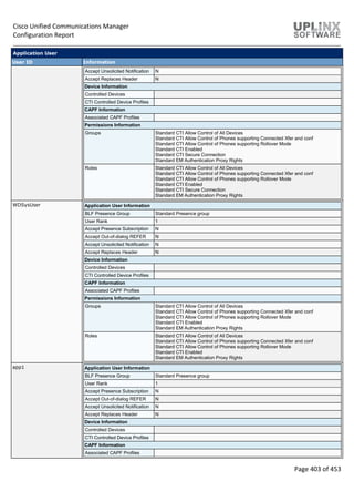 Cisco Unified Communications Manager
Configuration Report
Page 403 of 453
Application User
User ID Information
Accept Unsolicited Notification N
Accept Replaces Header N
Device Information
Controlled Devices
CTI Controlled Device Profiles
CAPF Information
Associated CAPF Profiles
Permissions Information
Groups Standard CTI Allow Control of All Devices
Standard CTI Allow Control of Phones supporting Connected Xfer and conf
Standard CTI Allow Control of Phones supporting Rollover Mode
Standard CTI Enabled
Standard CTI Secure Connection
Standard EM Authentication Proxy Rights
Roles Standard CTI Allow Control of All Devices
Standard CTI Allow Control of Phones supporting Connected Xfer and conf
Standard CTI Allow Control of Phones supporting Rollover Mode
Standard CTI Enabled
Standard CTI Secure Connection
Standard EM Authentication Proxy Rights
WDSysUser Application User Information
BLF Presence Group Standard Presence group
User Rank 1
Accept Presence Subscription N
Accept Out-of-dialog REFER N
Accept Unsolicited Notification N
Accept Replaces Header N
Device Information
Controlled Devices
CTI Controlled Device Profiles
CAPF Information
Associated CAPF Profiles
Permissions Information
Groups Standard CTI Allow Control of All Devices
Standard CTI Allow Control of Phones supporting Connected Xfer and conf
Standard CTI Allow Control of Phones supporting Rollover Mode
Standard CTI Enabled
Standard EM Authentication Proxy Rights
Roles Standard CTI Allow Control of All Devices
Standard CTI Allow Control of Phones supporting Connected Xfer and conf
Standard CTI Allow Control of Phones supporting Rollover Mode
Standard CTI Enabled
Standard EM Authentication Proxy Rights
app1 Application User Information
BLF Presence Group Standard Presence group
User Rank 1
Accept Presence Subscription N
Accept Out-of-dialog REFER N
Accept Unsolicited Notification N
Accept Replaces Header N
Device Information
Controlled Devices
CTI Controlled Device Profiles
CAPF Information
Associated CAPF Profiles
 