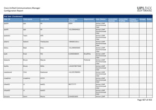 Cisco Unified Communications Manager
Configuration Report
Page 407 of 453
End User (Condensed)
User ID First name Last name Telephone
Number
Department User Status Controlled
Devices
Controlled
Profiles
Primary
Extension
Groups Roles
aps04 aps 04 4004 Active LDAP
Synchronized
User
aps05 aps 05 +61290004021 Active LDAP
Synchronized
User
apstest1 Test1 APS Active LDAP
Synchronized
User
asterix Asterix TheGaulois +8900015011 Active LDAP
Synchronized
User
bbreu Beat Breu +61290005005 Active LDAP
Synchronized
User
bpitt Brad Pitt 61890008005 BradPitts Active LDAP
Synchronized
User
bwayne Bruce Wayne Fictional Active LDAP
Synchronized
User
bwillis Bruce Willis +442070877600 Active LDAP
Synchronized
User
ceastwood Clint Eastwood +61255780093 Active LDAP
Synchronized
User
crsadmin crsadmin UCCX Active LDAP
Synchronized
User
cttest01 ct test01 98777777 Active LDAP
Synchronized
User
cttest03 ct test03 Active LDAP
Synchronized
User
dmoore Demi Moore 0340003005 Active LDAP
 