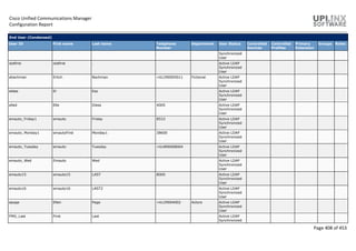 Cisco Unified Communications Manager
Configuration Report
Page 408 of 453
End User (Condensed)
User ID First name Last name Telephone
Number
Department User Status Controlled
Devices
Controlled
Profiles
Primary
Extension
Groups Roles
Synchronized
User
dotfirst dotfirst . Active LDAP
Synchronized
User
ebachman Erlich Bachman +61290005011 Fictional Active LDAP
Synchronized
User
eldee El Ess Active LDAP
Synchronized
User
elled Elle Diess 4005 Active LDAP
Synchronized
User
emauto_Friday1 emauto Friday 8533 Active LDAP
Synchronized
User
emauto_Monday1 emautoFirst Monday1 38600 Active LDAP
Synchronized
User
emauto_Tuesday emauto Tuesday +61890008004 Active LDAP
Synchronized
User
emauto_Wed Emauto Wed Active LDAP
Synchronized
User
emauto15 emauto15 LAST 8000 Active LDAP
Synchronized
User
emauto16 emauto16 LAST2 Active LDAP
Synchronized
User
epage Ellen Page +6129004002 Actors Active LDAP
Synchronized
User
FMG_Last First Last Active LDAP
Synchronized
 