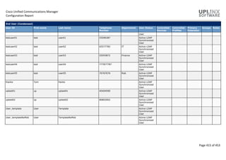 Cisco Unified Communications Manager
Configuration Report
Page 415 of 453
End User (Condensed)
User ID First name Last name Telephone
Number
Department User Status Controlled
Devices
Controlled
Profiles
Primary
Extension
Groups Roles
User
testuser01 test user01 55590387 Active LDAP
Synchronized
User
testuser02 test user02 65577783 IT Active LDAP
Synchronized
User
testuser03 test user03 55593872 Finance Active LDAP
Synchronized
User
testuser04 test user04 777877787 Active LDAP
Synchronized
User
testuser05 test user05 76767676 Risk Active LDAP
Synchronized
User
thanks Tom Hanks Active LDAP
Synchronized
User
uptest01 up uptest01 40404590 Active LDAP
Synchronized
User
uptest02 up uptest02 80803002 Active LDAP
Synchronized
User
User_template User Template Active LDAP
Synchronized
User
User_templateNoMob User TemplateNoMob Active LDAP
Synchronized
User
 