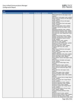 Cisco Unified Communications Manager
Configuration Report
Page 428 of 453
Role
Name Description Is Standard Application Role Assignment
MOH Audio Source web pages (read,
update)
MOH Server web pages (read, update)
Media Resource Group List web pages
(read, update)
Media Resource Group web pages
(read, update)
Media Termination Point web pages
(read, update)
Meet Me web pages (read, update)
Message Waiting web pages (read,
update)
Messaging Settings (read, update)
Method/Event Routing (read, update)
Microsoft RCC Settings (read, update)
Microsoft RCC User Assignment (read,
update)
Mobile Voice Access (read, update)
Mobility Configuration (read, update)
Mobility Enterprise Feature Access
(read, update)
Mobility Profile (read, update)
NTP Server (read, update)
Network Access Profile (read, update)
Notifications (read, update)
Number Expansion (read, update)
Outgoing SIP Proxy ACL (read,
update)
Page Layout Preference web pages
(read, update)
Panic Button Popup Page (read, read,
update, update)
Pattern Parameter Info (read, update)
Phone Activation Code Page (read)
Phone Add Page (read, update)
Phone Button Layout web pages (read,
update)
Phone Button Template web pages
(read, update)
Phone Device Profile Page (read,
update)
Phone Migration (read, update)
Phone Security Profile (read, update)
Phone Service Subscribe Page (read,
update)
Phone Services web pages (read,
update)
Phone web pages (read, update)
Physical Location (read, update)
Plugin web pages (read, read, update,
update)
Premium License Device Usage Report
(read, update)
Premium License User Usage Report
(read, update)
Presence Domains (read, update)
Presence Gateways (read, update)
Presence Group (read, update)
Presence License User Usage Report
(read, update)
Presence Redundancy Group (read,
read, update, update)
Presence Routing Settings (read,
update)
Presence Search (read, update)
Presence Server Status (read, update)
Presence Settings (read, update)
Presence User Assignment (read, read,
 