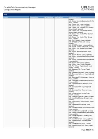 Cisco Unified Communications Manager
Configuration Report
Page 432 of 453
Role
Name Description Is Standard Application Role Assignment
update)
Bulk Delete Remote Destination Profile
(read, update)
Bulk Delete UDP (read, update)
Bulk Delete Users (read, update)
Bulk Delete Vipr Enrolled DID Pattern
Group (read, update)
Bulk Delete Vipr Exclusion Number
Group (read, update)
Bulk Delete Vipr Route Filter Element
(read, update)
Bulk Delete Vipr Route Filter Group
(read, update)
Bulk EMCC Delete (read, update)
Bulk EMCC Insert/Update (read,
update)
Bulk EMCC Template (read, update)
Bulk Export Access List (read, update)
Bulk Export Line Appearance (read,
update)
Bulk Export Mobility Profiles (read,
update)
Bulk Export Phones (read, update)
Bulk Export Remote Destination (read,
update)
Bulk Export Remote Destination Profile
(read, update)
Bulk Export UDP (read, update)
Bulk Export Users (read, update)
Bulk File Upload Pages (read, read,
update, update)
Bulk Gateway File Format (read,
update)
Bulk Gateway Template (read, update)
Bulk Generate Gateway Reports (read,
update)
Bulk Generate IPMA Assistant Reports
(read, update)
Bulk Generate IPMA Manager Reports
(read, update)
Bulk Generate Phone Reports (read,
update)
Bulk Generate UDP Reports (read,
update)
Bulk Generate User Reports (read,
update)
Bulk Infrastructure Device Insert
(insert, update)
Bulk Insert Access List (read, update)
Bulk Insert Call Pickup Group (read,
update)
Bulk Insert Client Matter Codes (read,
update)
Bulk Insert Fallback Profile (read,
update)
Bulk Insert Forced Authorization Codes
(read, update)
Bulk Insert Gateways (read, update)
Bulk Insert IPMA Managers/Assistants
(read, update)
Bulk Insert Imported Directory URI
(read, update)
Bulk Insert Intercom (read, update)
Bulk Insert Mobility Profiles (read,
update)
Bulk Insert Phones (read, update)
Bulk Insert Phones with Users (read,
update)
 