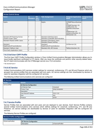 Cisco Unified Communications Manager
Configuration Report
Page 448 of 453
Access Control Group
Name Is
Standard
Min
User
Rank
Role Assignment Assigned Application
Users
Assigned End
Users
Rights Rights CCMQRTSecureSysUser
(S)
CCMQRTSysUser (S)
CCMSysUser (S)
IPMASecureSysUser
(S)
IPMASysUser (S)
WDSecureSysUser (S)
WDSysUser (S)
Standard EM Roaming Across
Clusters Super Users
Y 1 Standard CCM End Users
Standard CCMUSER Administration
Standard Packet Sniffer Users Y 1 Standard CCM Admin Users
Standard Packet Sniffing
Standard
RealtimeAndTraceCollection
Y 1 Standard
RealtimeAndTraceCollection
CUCService (S)
Standard TabSync User Y 1 Standard AXL API Access TabSyncSysUser (S)
Third Party Application Users Y 1
7.4.5 End User CAPF Profile
The End User CAPF Profile Configuration window in Cisco Unified Communications Manager Administration allows you to
issue locally significant certificates to CTI clients. After you issue the certificate and perform other security-related tasks,
the CTI client communicates with the CTIManager service via a TLS connection.
< No records found >
7.4.6 UC Service
Unified Communications (UC) services contain settings for voicemail, conferencing, CTI, and IM and Presence which are
grouped into service profiles that are associated with end users. UC service settings are then downloaded by devices of
users for seamless integration with the configured UC services.
The following Unified Communications (UC) services are configured:
UC Service
Name Details
UCVoiceMail UC Service Configuration
UC Service Type Voicemail
Product Type Unity Connection
Description
Host Name/IP Address 10.5.1.121
Port 443
Protocol HTTP
7.4.7 Service Profile
Service Profiles that are associated with end users and are deployed to user devices. Each Service Profiles contains
several Unified Communications (UC) services which defines settings for voicemail, conferencing, CTI, and IM and
Presence. UC service settings are downloaded by devices of users for seamless integration with the configured UC
services.
The following Service Profiles are configured:
Service Profile Configuration
Name Details
UCserviceProfile1 UC Service Configuration
Description UCserviceProfile1
 