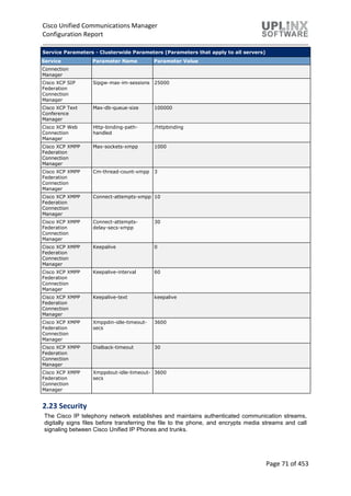 Cisco Unified Communications Manager
Configuration Report
Page 71 of 453
Service Parameters - Clusterwide Parameters (Parameters that apply to all servers)
Service Parameter Name Parameter Value
Connection
Manager
Cisco XCP SIP
Federation
Connection
Manager
Sipgw-max-im-sessions 25000
Cisco XCP Text
Conference
Manager
Max-db-queue-size 100000
Cisco XCP Web
Connection
Manager
Http-binding-path-
handled
/httpbinding
Cisco XCP XMPP
Federation
Connection
Manager
Max-sockets-xmpp 1000
Cisco XCP XMPP
Federation
Connection
Manager
Cm-thread-count-xmpp 3
Cisco XCP XMPP
Federation
Connection
Manager
Connect-attempts-xmpp 10
Cisco XCP XMPP
Federation
Connection
Manager
Connect-attempts-
delay-secs-xmpp
30
Cisco XCP XMPP
Federation
Connection
Manager
Keepalive 0
Cisco XCP XMPP
Federation
Connection
Manager
Keepalive-interval 60
Cisco XCP XMPP
Federation
Connection
Manager
Keepalive-text keepalive
Cisco XCP XMPP
Federation
Connection
Manager
Xmppdin-idle-timeout-
secs
3600
Cisco XCP XMPP
Federation
Connection
Manager
Dialback-timeout 30
Cisco XCP XMPP
Federation
Connection
Manager
Xmppdout-idle-timeout-
secs
3600
2.23 Security
The Cisco IP telephony network establishes and maintains authenticated communication streams,
digitally signs files before transferring the file to the phone, and encrypts media streams and call
signaling between Cisco Unified IP Phones and trunks.
 