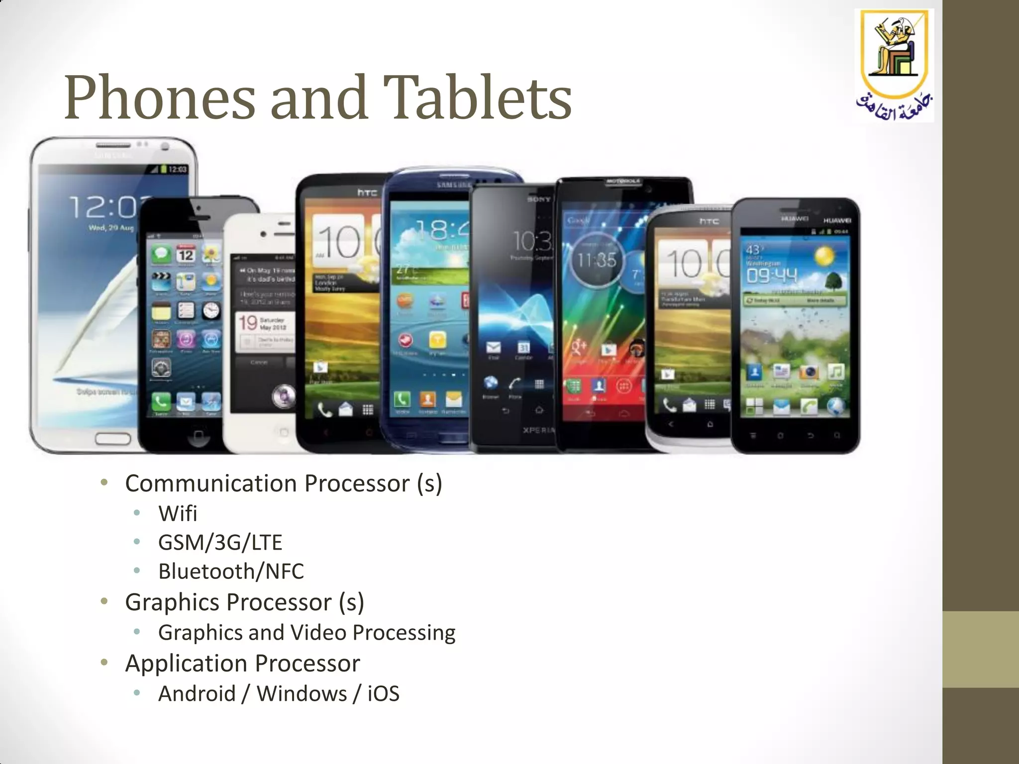 Phones and Tablets
• Communication Processor (s)
• Wifi
• GSM/3G/LTE
• Bluetooth/NFC
• Graphics Processor (s)
• Graphics and Video Processing
• Application Processor
• Android / Windows / iOS
 