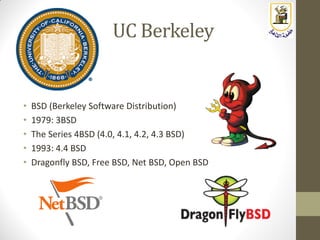 UC Berkeley
• BSD (Berkeley Software Distribution)
• 1979: 3BSD
• The Series 4BSD (4.0, 4.1, 4.2, 4.3 BSD)
• 1993: 4.4 BSD
• Dragonfly BSD, Free BSD, Net BSD, Open BSD
 