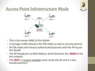 Access Point Infrastructure Mode
• This is the master WNIC of this WLAN
• It manages traffic between the STA nodes as well as security policies
• All STA nodes will need to authenticate/associate with the AP to join
this WLAN
• The AP broadcasts its MAC Address which becomes the BSSID of the
this network
• The SSID is a human readable name set by the AP and it is also
broadcasted by it
 