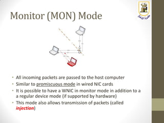 Monitor (MON) Mode
• All incoming packets are passed to the host computer
• Similar to promiscuous mode in wired NIC cards
• It is possible to have a WNIC in monitor mode in addition to a
a regular device mode (if supported by hardware)
• This mode also allows transmission of packets (called
injection)
 