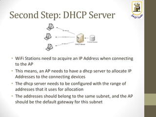 Second Step: DHCP Server
• WiFi Stations need to acquire an IP Address when connecting
to the AP
• This means, an AP needs to have a dhcp server to allocate IP
Addresses to the connecting devices
• The dhcp server needs to be configured with the range of
addresses that it uses for allocation
• The addresses should belong to the same subnet, and the AP
should be the default gateway for this subnet
 