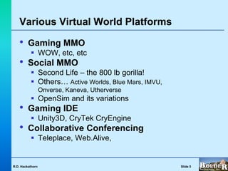 Various Virtual World Platforms

   •     Gaming MMO
           WOW, etc, etc
   •     Social MMO
           Second Life – the 800 lb gorilla!
           Others… Active Worlds, Blue Mars, IMVU,
                  Onverse, Kaneva, Utherverse
           OpenSim and its variations
   •     Gaming IDE
           Unity3D, CryTek CryEngine
   •     Collaborative Conferencing
           Teleplace, Web.Alive,


R.D. Hackathorn                                       Slide 5
 