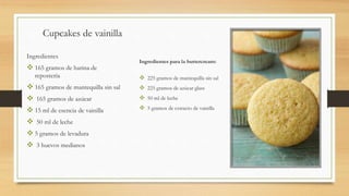Cupcakes de vainilla
Ingredientes
 165 gramos de harina de
repostería
 165 gramos de mantequilla sin sal
 165 gramos de azúcar
 15 ml de esencia de vainilla
 50 ml de leche
 5 gramos de levadura
 3 huevos medianos
Ingredientes para la buttercream:
 225 gramos de mantequilla sin sal
 225 gramos de azúcar glass
 50 ml de leche
 5 gramos de extracto de vainilla
 