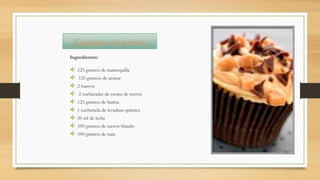 Cupcakes de turron
Ingredientes:
 125 gramos de mantequilla
 125 gramos de azúcar
 2 huevos
 2 cucharadas de crema de turrón
 125 gramos de harina
 1 cucharada de levadura química
 50 ml de leche
 100 gramos de turron blando
 100 gramos de nata
 