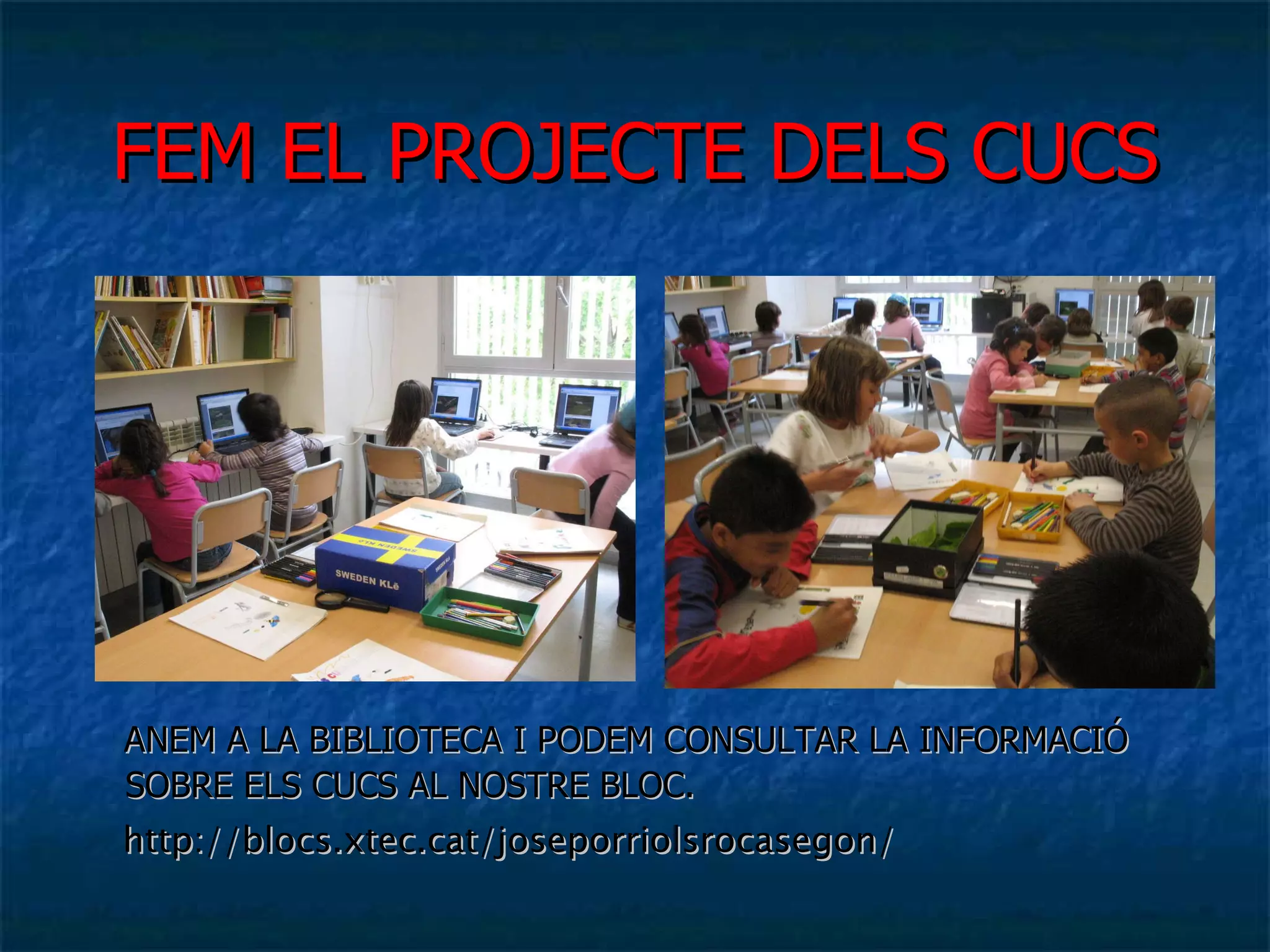 FEM EL PROJECTE DELS CUCS ANEM A LA BIBLIOTECA I PODEM CONSULTAR LA INFORMACIÓ SOBRE ELS CUCS AL NOSTRE BLOC. http://blocs.xtec.cat/joseporriolsrocasegon/ 