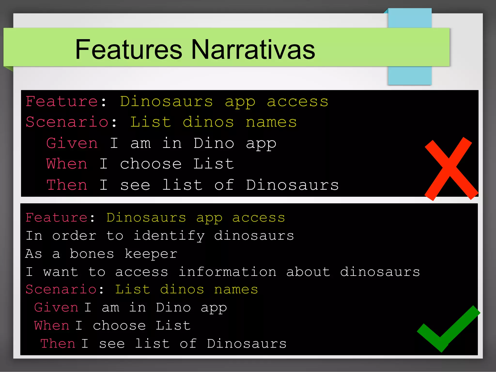Features Narrativas
Feature: Dinosaurs app access
Scenario: List dinos names
Given I am in Dino app
When I choose List
Then I see list of Dinosaurs
Feature: Dinosaurs app access
In order to identify dinosaurs
As a bones keeper
I want to access information about dinosaurs
Scenario: List dinos names
Given I am in Dino app
When I choose List
Then I see list of Dinosaurs

 
