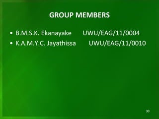 GROUP MEMBERS
• B.M.S.K. Ekanayake UWU/EAG/11/0004
• K.A.M.Y.C. Jayathissa UWU/EAG/11/0010
30
 