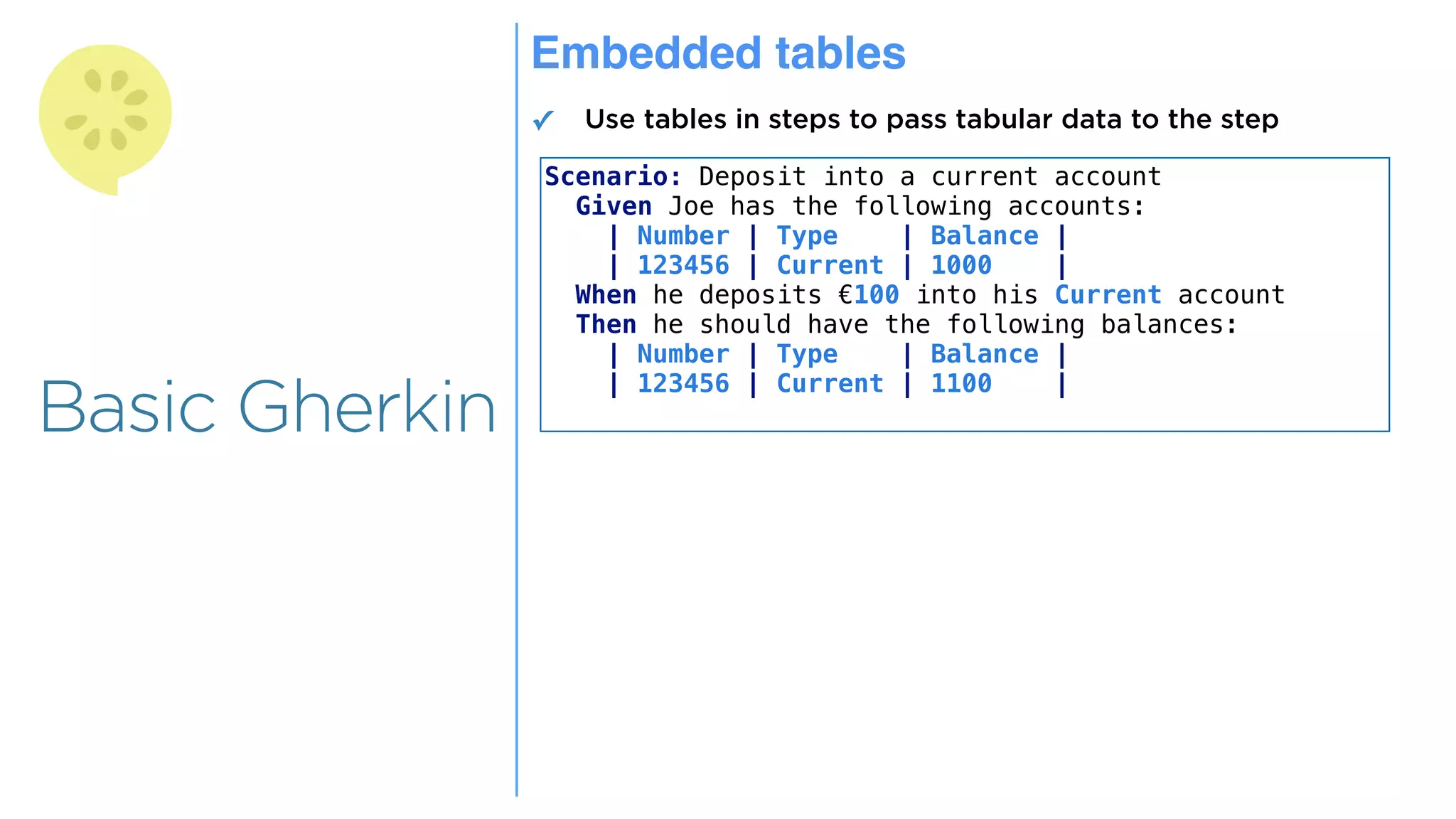 Overview
Overview
Basic Gherkin
Embedded tables
✓ Use tables in steps to pass tabular data to the step
Scenario: Deposit into a current account
Given Joe has the following accounts:
| Number | Type | Balance |
| 123456 | Current | 1000 |
When he deposits €100 into his Current account
Then he should have the following balances:
| Number | Type | Balance |
| 123456 | Current | 1100 |
 
