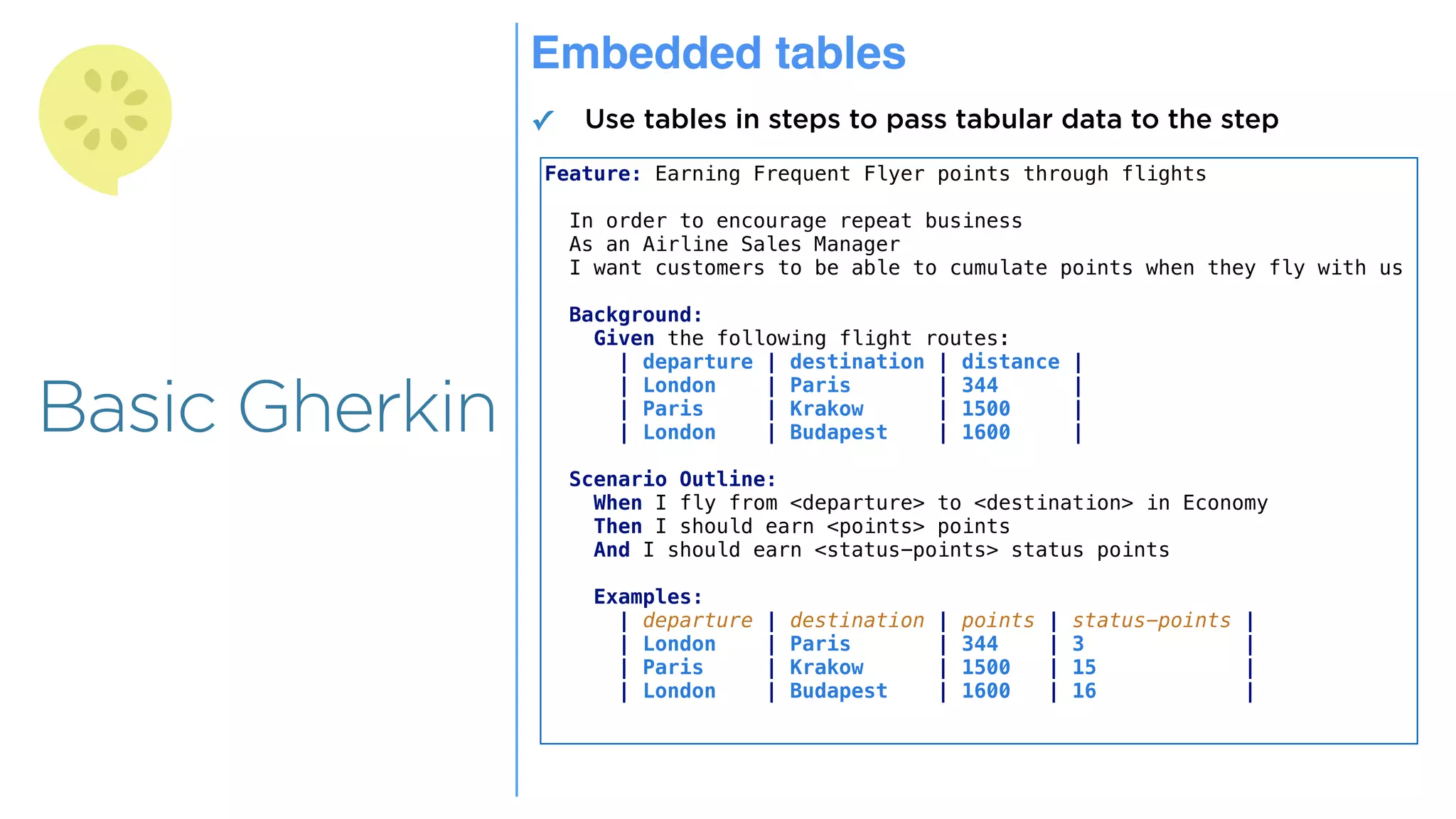 Overview
Overview
Basic Gherkin
Embedded tables
✓ Use tables in steps to pass tabular data to the step
Feature: Earning Frequent Flyer points through flights
In order to encourage repeat business
As an Airline Sales Manager
I want customers to be able to cumulate points when they fly with us
Background:
Given the following flight routes:
| departure | destination | distance |
| London | Paris | 344 |
| Paris | Krakow | 1500 |
| London | Budapest | 1600 |
Scenario Outline:
When I fly from <departure> to <destination> in Economy
Then I should earn <points> points
And I should earn <status-points> status points
Examples:
| departure | destination | points | status-points |
| London | Paris | 344 | 3 |
| Paris | Krakow | 1500 | 15 |
| London | Budapest | 1600 | 16 |
 