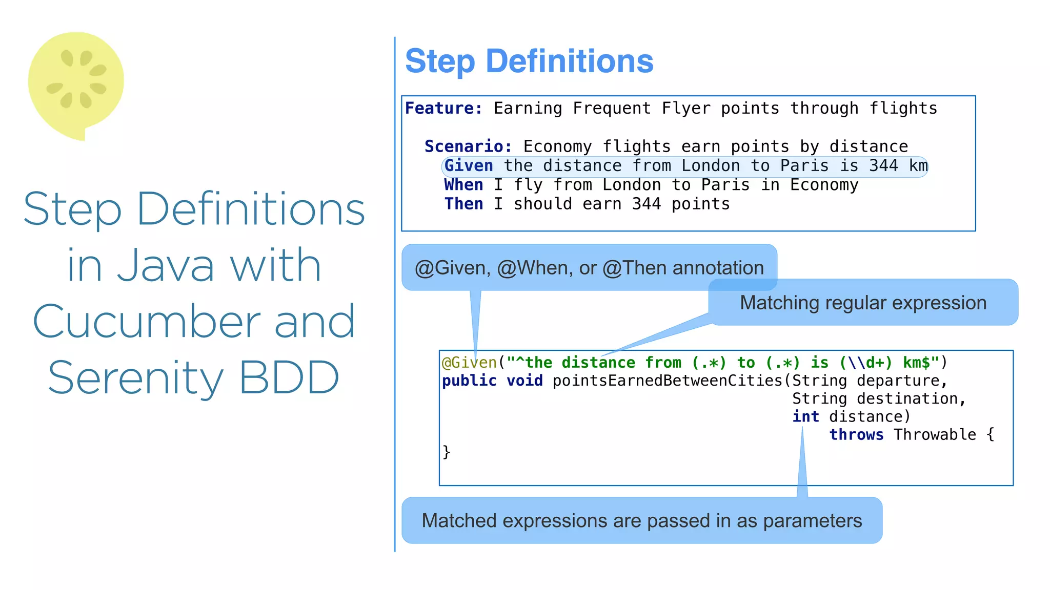 Step Definitions
in Java with
Cucumber and
Serenity BDD
Step Deﬁnitions
Feature: Earning Frequent Flyer points through flights
Scenario: Economy flights earn points by distance
Given the distance from London to Paris is 344 km
When I fly from London to Paris in Economy
Then I should earn 344 points
@Given("^the distance from (.*) to (.*) is (d+) km$")
public void pointsEarnedBetweenCities(String departure,
String destination,
int distance)
throws Throwable {
}
@Given, @When, or @Then annotation
Matching regular expression
Matched expressions are passed in as parameters
 