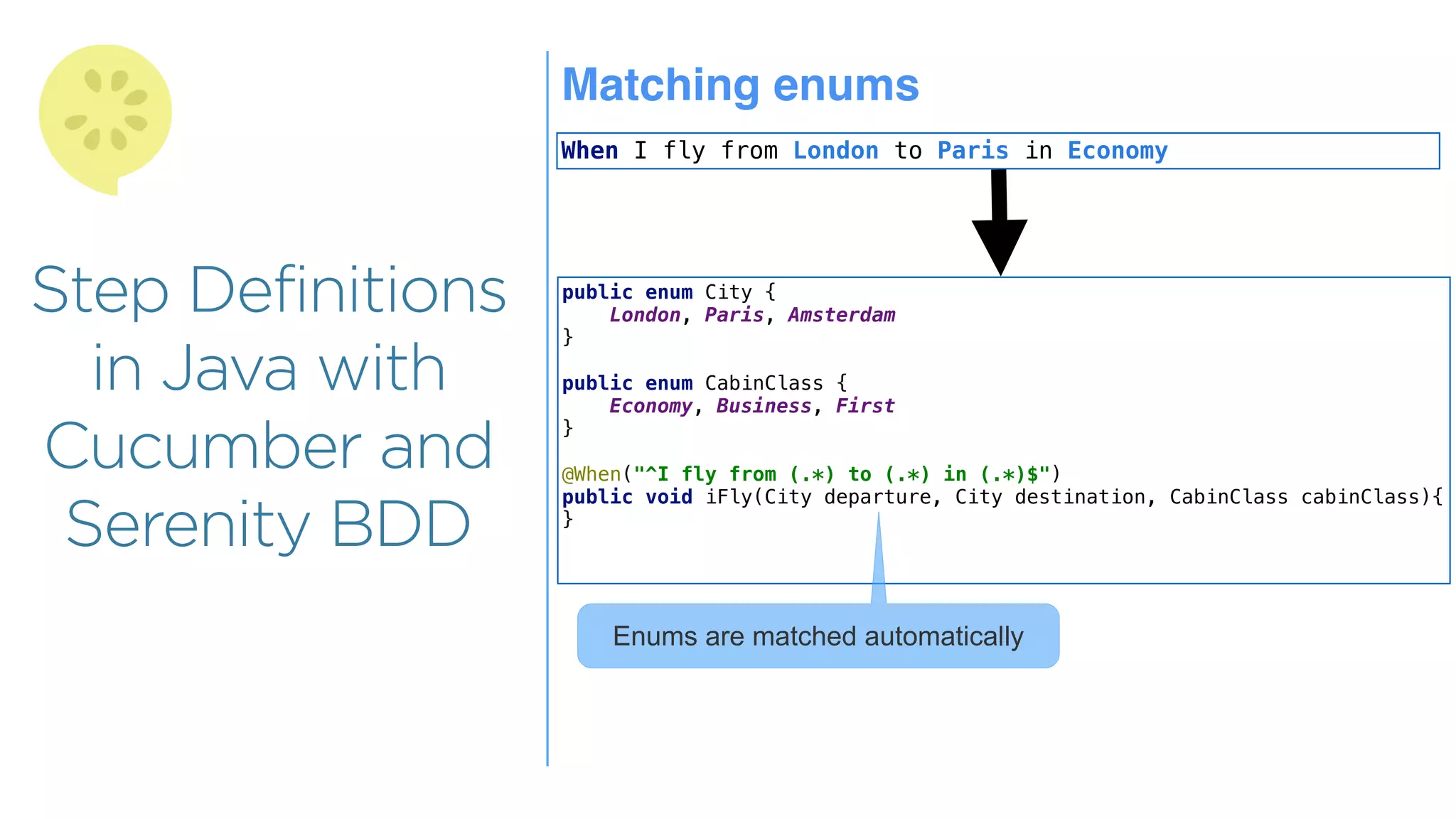 Step Definitions
in Java with
Cucumber and
Serenity BDD
Matching enums
When I fly from London to Paris in Economy
public enum City {
London, Paris, Amsterdam
}
public enum CabinClass {
Economy, Business, First
}
@When("^I fly from (.*) to (.*) in (.*)$")
public void iFly(City departure, City destination, CabinClass cabinClass){
}
Enums are matched automatically
 
