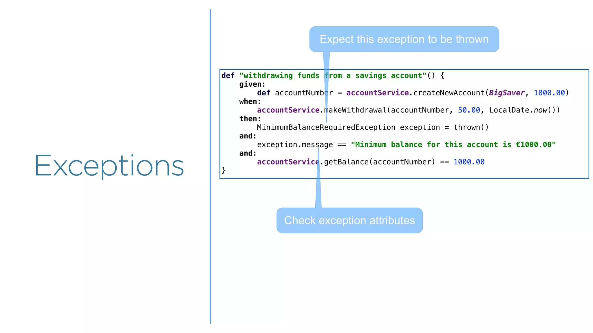 Overview
Overview
Exceptions
def "withdrawing funds from a savings account"() {
given:
def accountNumber = accountService.createNewAccount(BigSaver, 1000.00)
when:
accountService.makeWithdrawal(accountNumber, 50.00, LocalDate.now())
then:
MinimumBalanceRequiredException exception = thrown()
and:
exception.message == "Minimum balance for this account is €1000.00"
and:
accountService.getBalance(accountNumber) == 1000.00
}
Expect this exception to be thrown
Check exception attributes
 