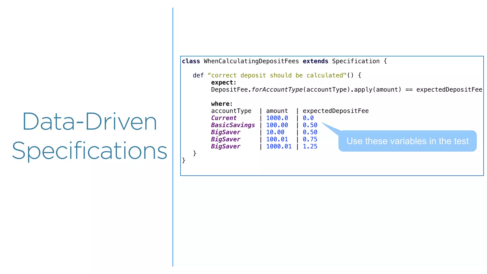 Overview
Overview
Data-Driven
Specifications
class WhenCalculatingDepositFees extends Specification {
def “correct deposit should be calculated"() {
expect:
DepositFee.forAccountType(accountType).apply(amount) == expectedDepositFee
where:
accountType | amount | expectedDepositFee
Current | 1000.0 | 0.0
BasicSavings | 100.00 | 0.50
BigSaver | 10.00 | 0.50
BigSaver | 100.01 | 0.75
BigSaver | 1000.01 | 1.25
}
}
Use these variables in the test
 