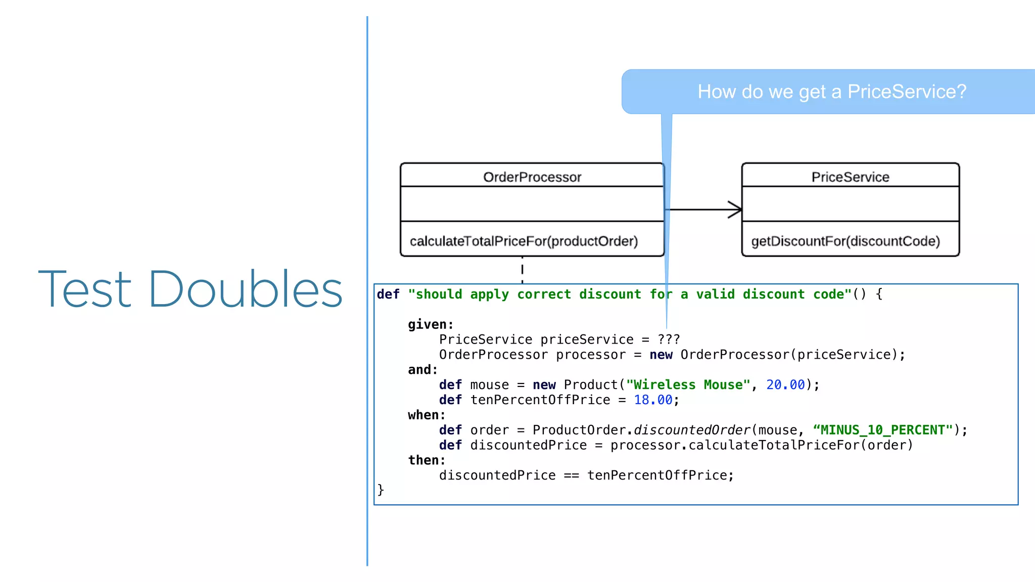 Overview
Overview
Test Doubles def "should apply correct discount for a valid discount code"() {
given:
PriceService priceService = ???
OrderProcessor processor = new OrderProcessor(priceService);
and:
def mouse = new Product("Wireless Mouse", 20.00);
def tenPercentOffPrice = 18.00;
when:
def order = ProductOrder.discountedOrder(mouse, “MINUS_10_PERCENT");
def discountedPrice = processor.calculateTotalPriceFor(order)
then:
discountedPrice == tenPercentOffPrice;
}
How do we get a PriceService?
 