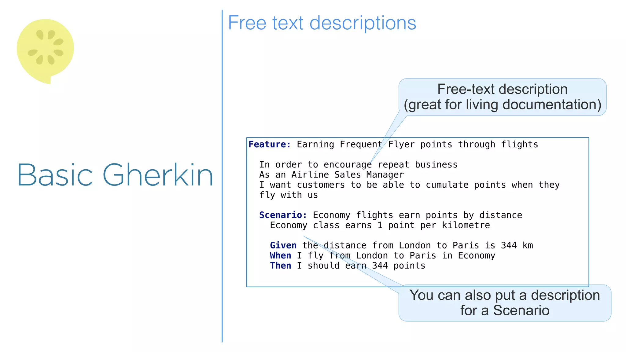 Overview
Overview
Basic Gherkin
Feature: Earning Frequent Flyer points through flights
In order to encourage repeat business
As an Airline Sales Manager
I want customers to be able to cumulate points when they
fly with us
Scenario: Economy flights earn points by distance
Economy class earns 1 point per kilometre
Given the distance from London to Paris is 344 km
When I fly from London to Paris in Economy
Then I should earn 344 points
Free-text description  
(great for living documentation)
You can also put a description
for a Scenario
Free text descriptions
 