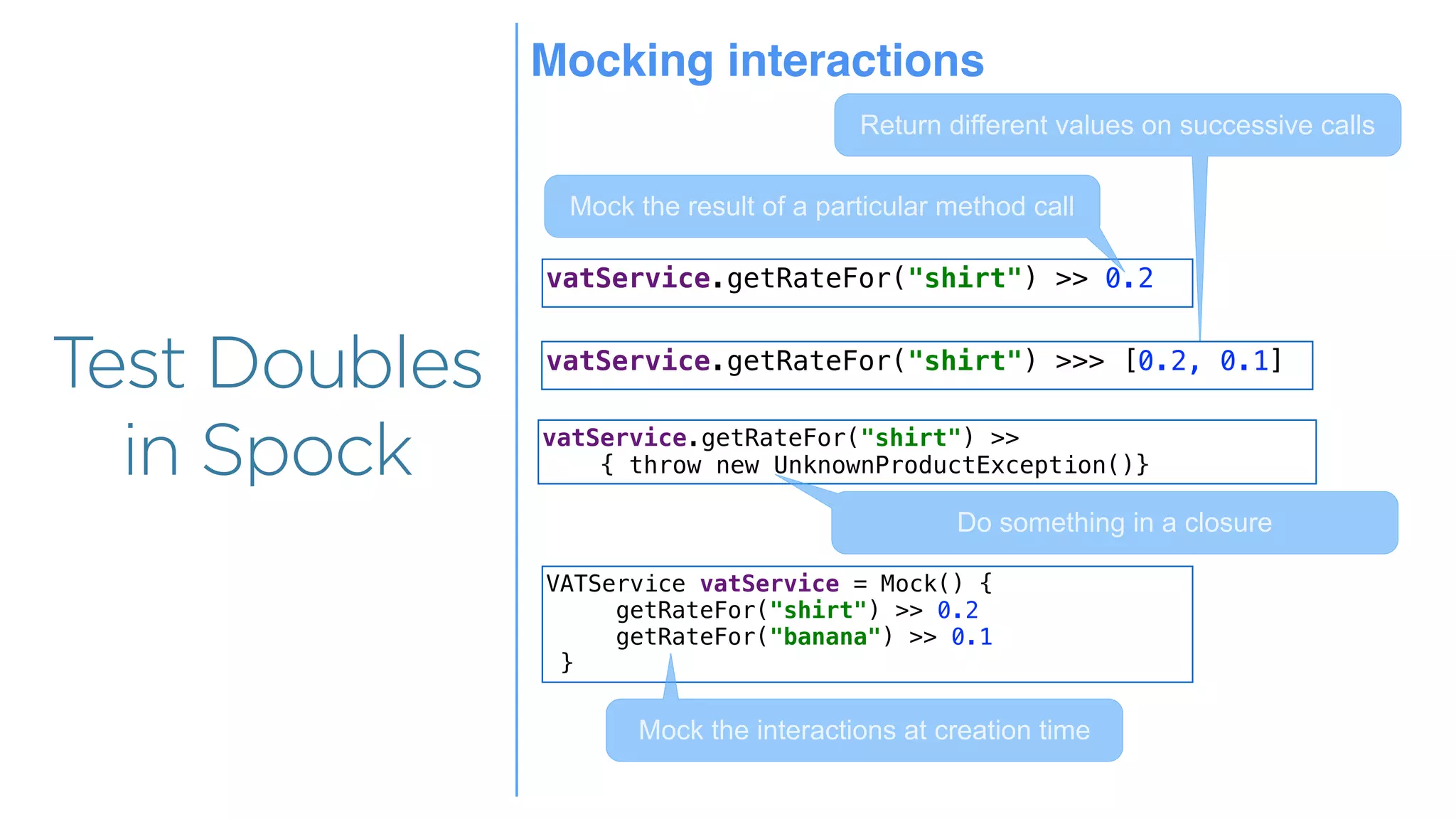 Overview
Overview
Test Doubles
in Spock
vatService.getRateFor("shirt") >> 0.2
Mock the result of a particular method call
Return different values on successive calls
vatService.getRateFor("shirt") >>> [0.2, 0.1]
vatService.getRateFor("shirt") >>
{ throw new UnknownProductException()}
Do something in a closure
Mocking interactions
VATService vatService = Mock() {
getRateFor("shirt") >> 0.2
getRateFor("banana") >> 0.1
}
Mock the interactions at creation time
 