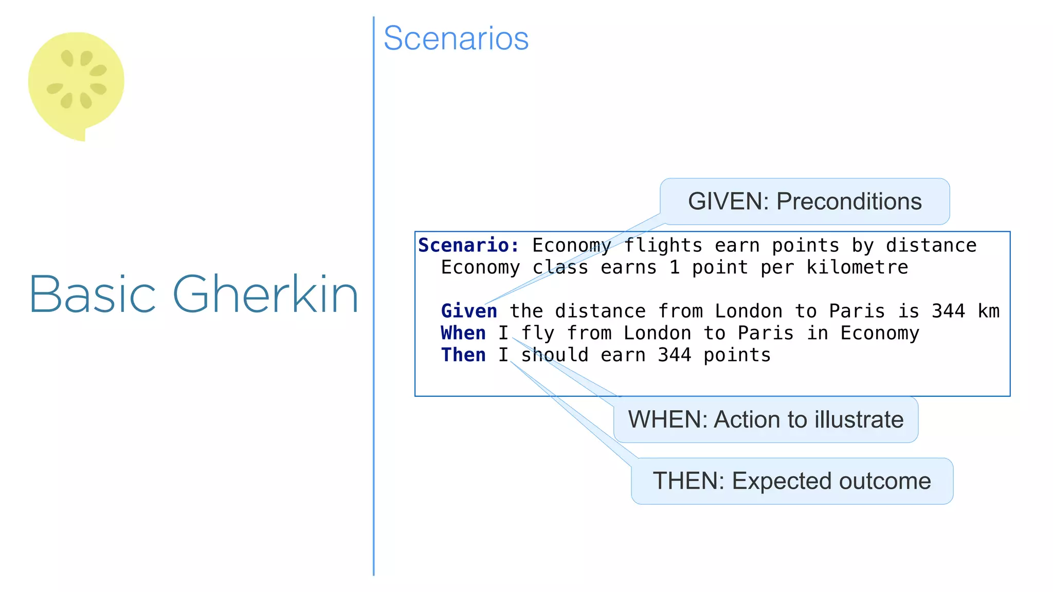 Overview
Overview
Basic Gherkin
Scenario: Economy flights earn points by distance
Economy class earns 1 point per kilometre
Given the distance from London to Paris is 344 km
When I fly from London to Paris in Economy
Then I should earn 344 points
GIVEN: Preconditions
WHEN: Action to illustrate
THEN: Expected outcome
Scenarios
 