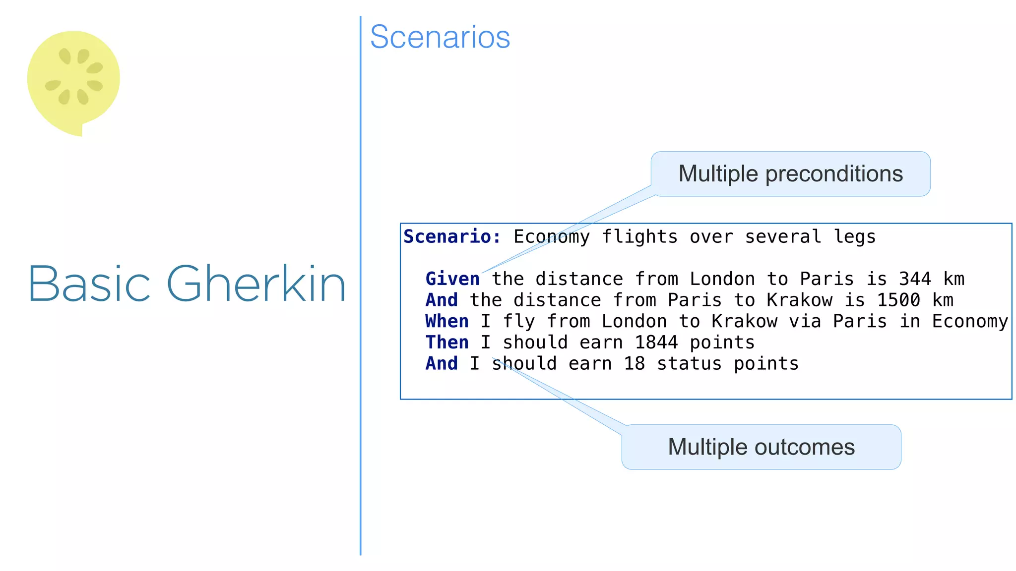 Overview
Overview
Basic Gherkin
Scenario: Economy flights over several legs
Given the distance from London to Paris is 344 km
And the distance from Paris to Krakow is 1500 km
When I fly from London to Krakow via Paris in Economy
Then I should earn 1844 points
And I should earn 18 status points
Multiple preconditions
Scenarios
Multiple outcomes
 