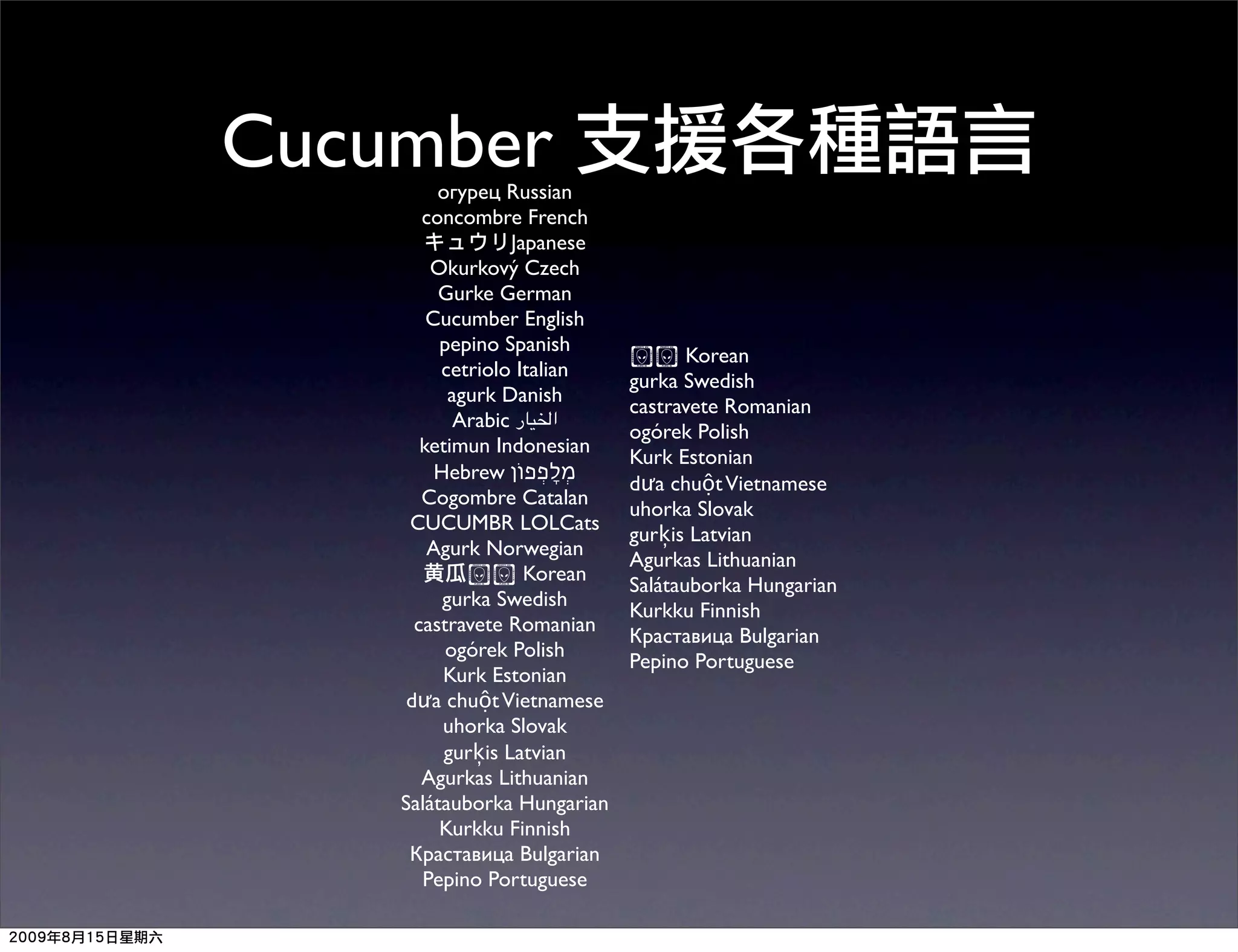 Cucumber огурец Russian
       concombre French
                  Japanese
        Okurkový Czech
         Gurke German
        Cucumber English
         pepino Spanish
                             !! Korean
         cetriolo Italian
                             gurka Swedish
           agurk Danish
                             castravete Romanian
            Arabic ‫ﺍﳋﻴﺎﺭ‬
                             ogórek Polish
       ketimun Indonesian
                             Kurk Estonian
         Hebrew ‫מְלָפְפֹון‬
                             dưa chuột Vietnamese
       Cogombre Catalan
                             uhorka Slovak
     CUCUMBR LOLCats
                             gurķis Latvian
        Agurk Norwegian
                             Agurkas Lithuanian
       黄 !! Korean
                             Salátauborka Hungarian
          gurka Swedish
                             Kurkku Finnish
      castravete Romanian
                             Краставица Bulgarian
          ogórek Polish
                             Pepino Portuguese
          Kurk Estonian
     dưa chuột Vietnamese
          uhorka Slovak
          gurķis Latvian
       Agurkas Lithuanian
    Salátauborka Hungarian
         Kurkku Finnish
     Краставица Bulgarian
       Pepino Portuguese
 