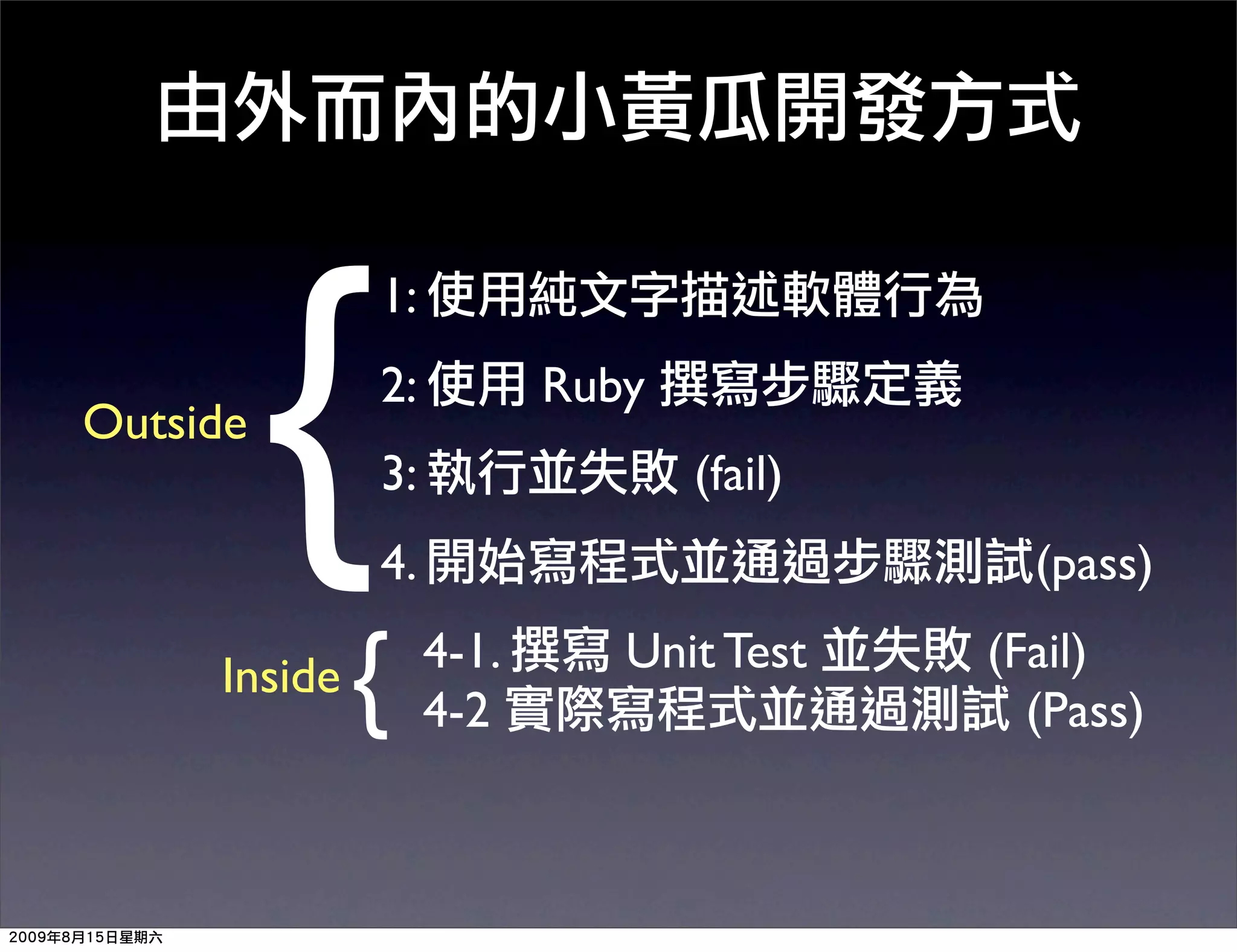 {
              1:
              2:          Ruby
Outside
              3:                 (fail)
              4.                            (pass)

     Inside   {    4-1.
                   4-2
                             Unit Test    (Fail)
                                            (Pass)
 