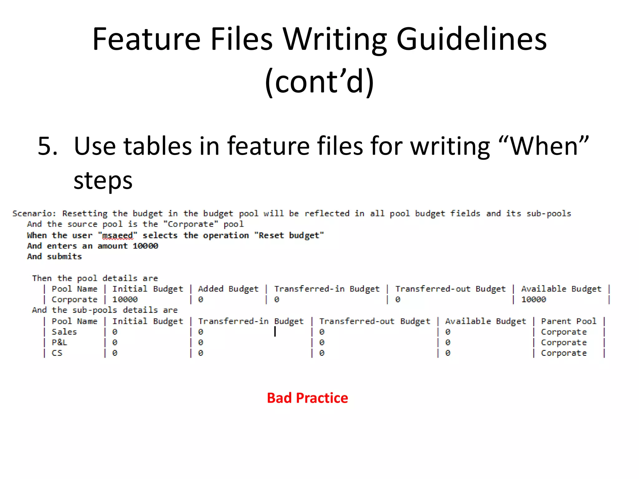 Feature Files Writing Guidelines
(cont’d)
5. Use tables in feature files for writing “When”
steps
Bad Practice
 