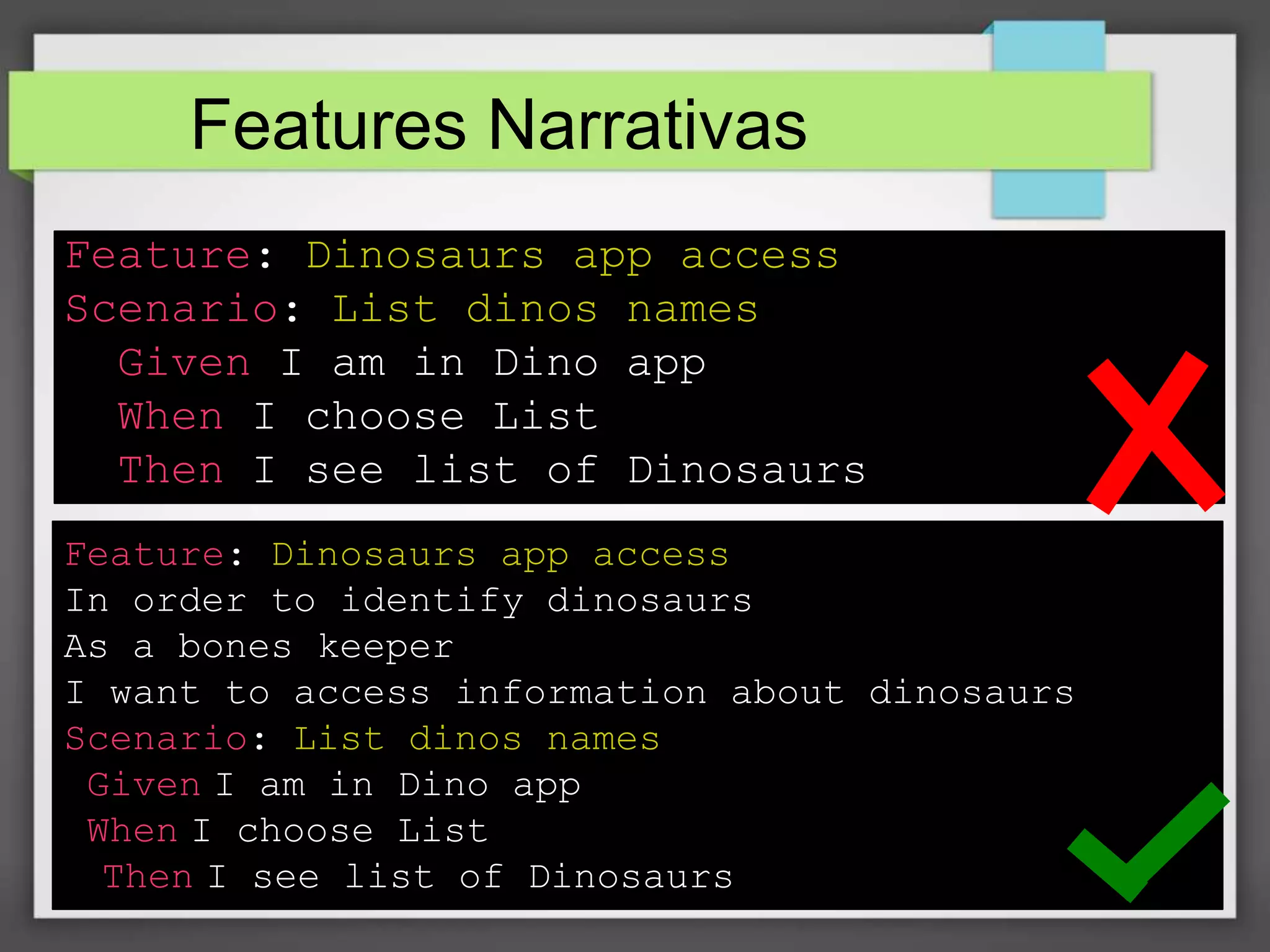 Features Narrativas
Feature: Dinosaurs app access
Scenario: List dinos names
Given I am in Dino app
When I choose List
Then I see list of Dinosaurs
Feature: Dinosaurs app access
In order to identify dinosaurs
As a bones keeper
I want to access information about dinosaurs
Scenario: List dinos names
Given I am in Dino app
When I choose List
Then I see list of Dinosaurs

 