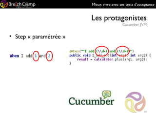 Mieux vivre avec ses tests d’acceptance
Les protagonistes
Cucumber JVM
10
• Step « paramétrée »
 