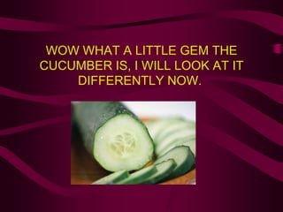 WOW WHAT A LITTLE GEM THE CUCUMBER IS, I WILL LOOK AT IT DIFFERENTLY NOW.  