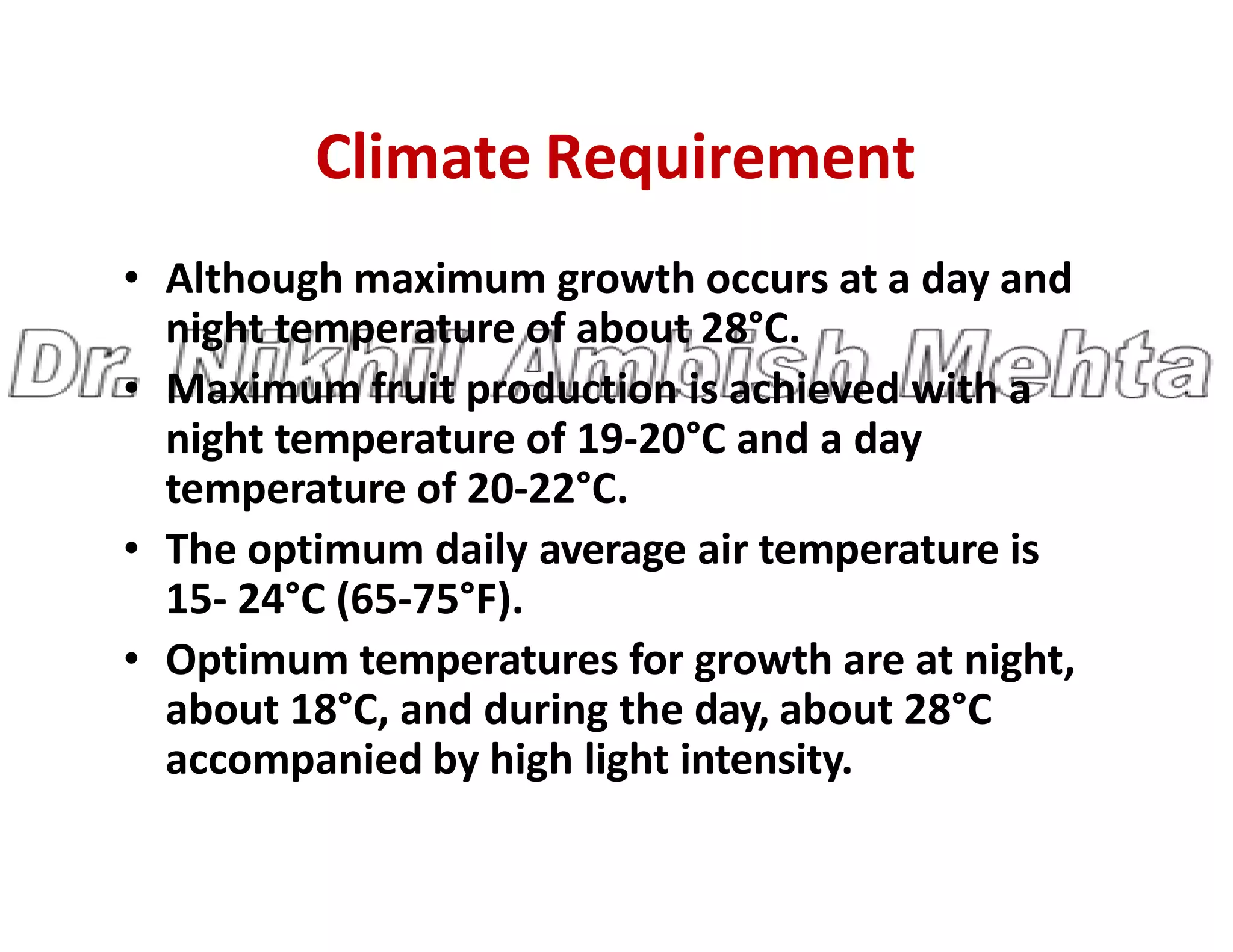 Climate Requirement
• Although maximum growth occurs at a day and
night temperature of about 28°C.
• Maximum fruit production is achieved with a
night temperature of 19-20°C and a day
temperature of 20-22°C.
temperature of 20-22°C.
• The optimum daily average air temperature is
15- 24°C (65-75°F).
• Optimum temperatures for growth are at night,
about 18°C, and during the day, about 28°C
accompanied by high light intensity.
 