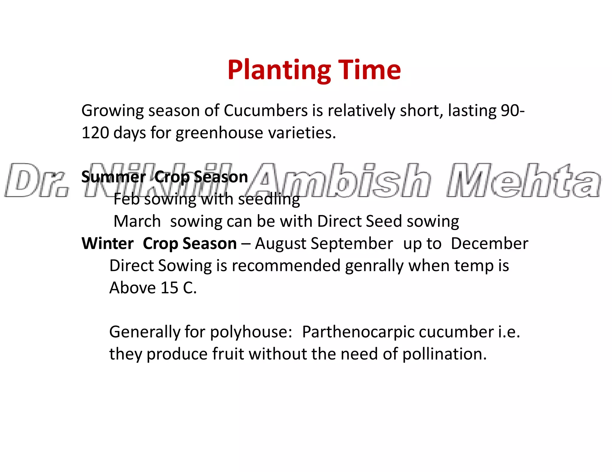 Planting Time
Growing season of Cucumbers is relatively short, lasting 90-
120 days for greenhouse varieties.
Summer Crop Season
Feb sowing with seedling
March sowing can be with Direct Seed sowing
Winter Crop Season – August September up to December
Winter Crop Season – August September up to December
Direct Sowing is recommended genrally when temp is
Above 15 C.
Generally for polyhouse: Parthenocarpic cucumber i.e.
they produce fruit without the need of pollination.
 