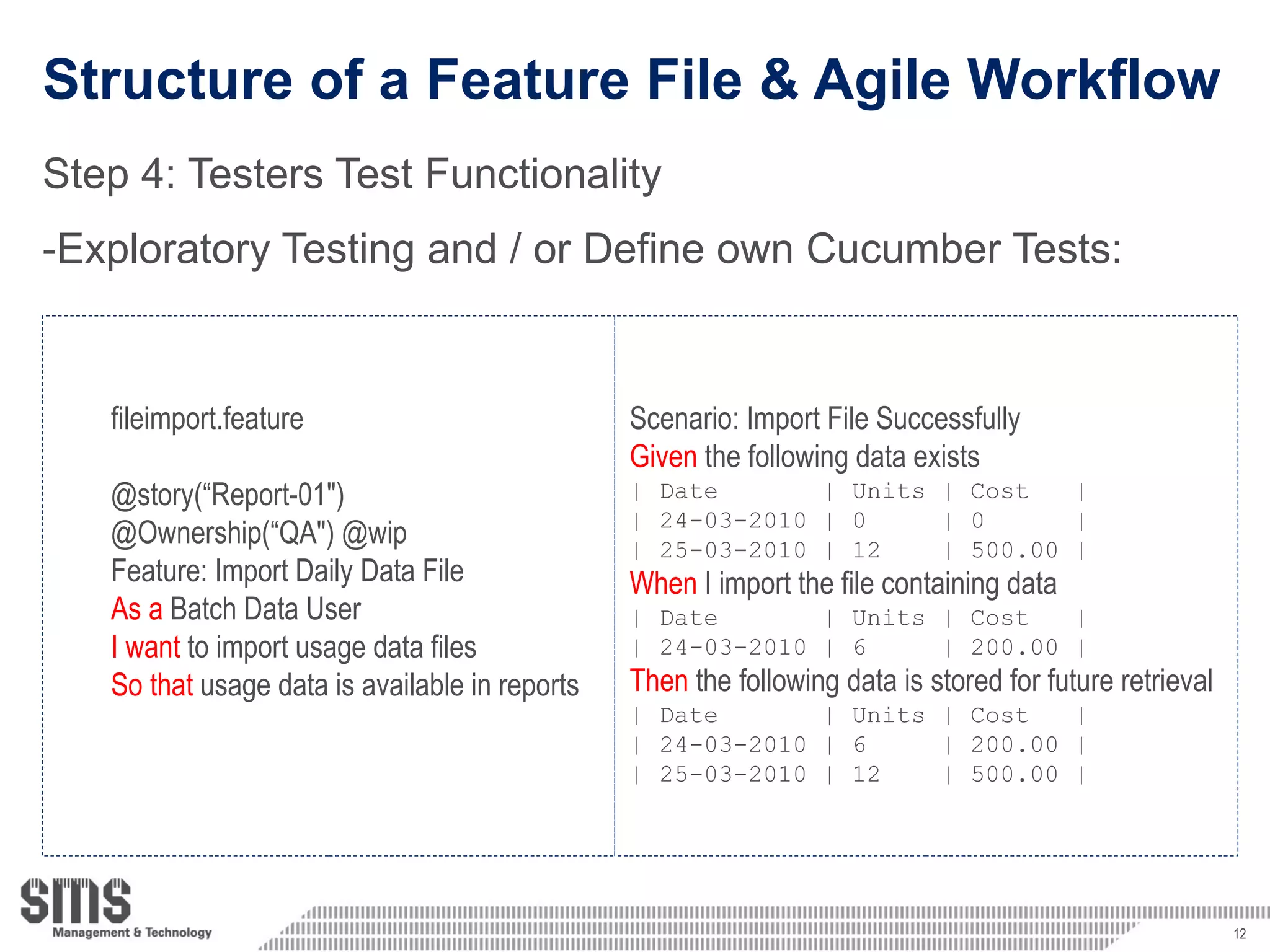 Structure of a Feature File & Agile Workflow Step 4: Testers Test Functionality Exploratory Testing and / or Define own Cucumber Tests: Scenario: Import File Successfully Given  the following data exists | Date  | Units | Cost  | | 24-03-2010 | 0  | 0  | | 25-03-2010 | 12  | 500.00 | When  I import the file containing data | Date  | Units | Cost  | | 24-03-2010 | 6  | 200.00 | Then  the following data is stored for future retrieval | Date  | Units | Cost  | | 24-03-2010 | 6  | 200.00 | | 25-03-2010 | 12  | 500.00 | fileimport.feature @story(“Report-01&quot;) @Ownership(“QA&quot;) @wip Feature: Import Daily Data File  As a  Batch Data User I want  to import usage data files  So that  usage data is available in reports 
