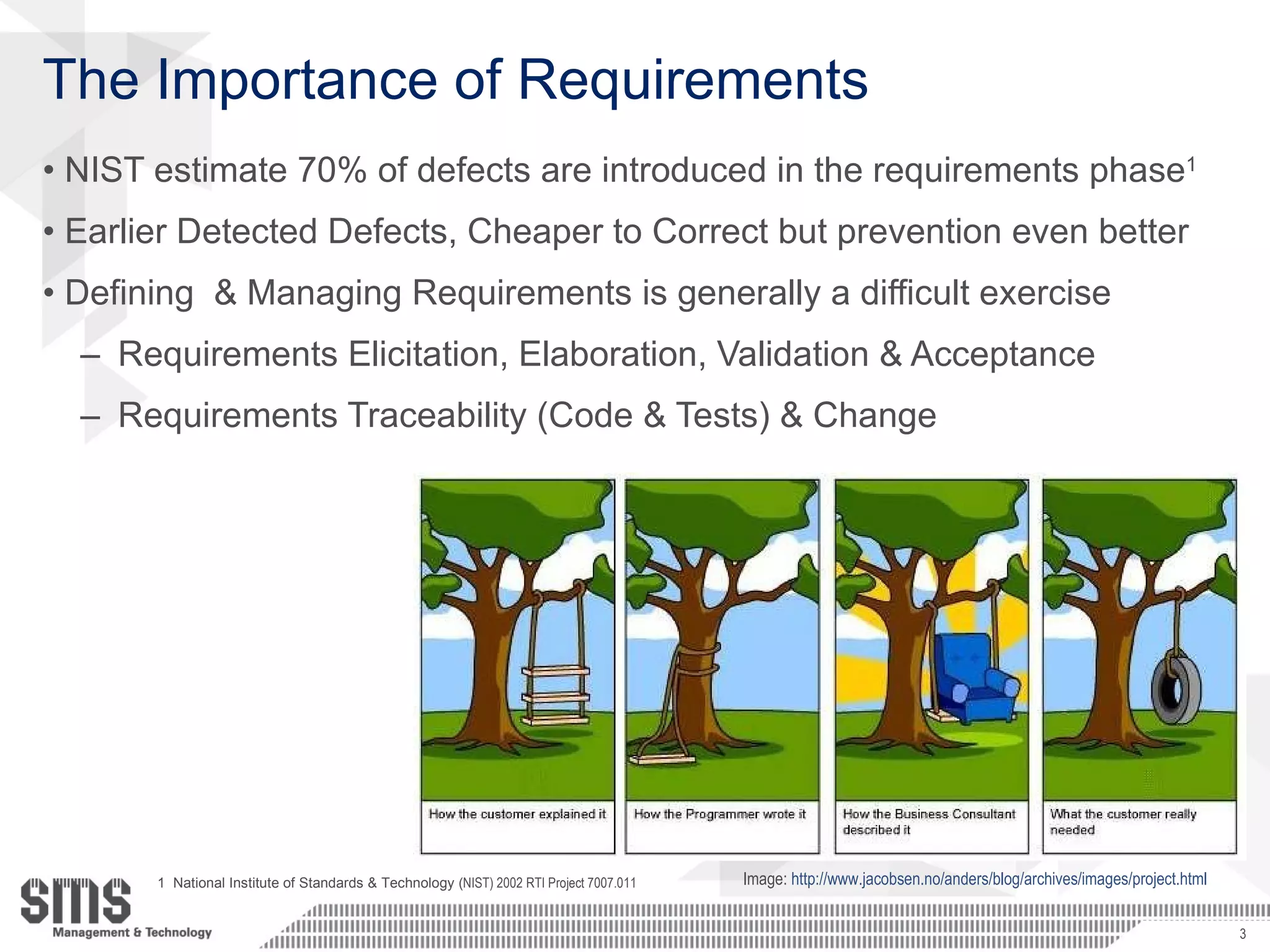 The Importance of Requirements NIST estimate 70% of defects are introduced in the requirements phase 1 Earlier Detected Defects, Cheaper to Correct but prevention even better Defining  & Managing Requirements is generally a difficult exercise Requirements Elicitation, Elaboration, Validation & Acceptance Requirements Traceability (Code & Tests) & Change Image:  http://www.jacobsen.no/anders/blog/archives/images/project.html 1  National Institute of Standards & Technology ( NIST) 2002 RTI Project 7007.011 