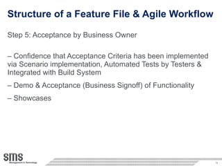 Structure of a Feature File & Agile Workflow Step 5: Acceptance by Business Owner Confidence that Acceptance Criteria has been implemented via Scenario implementation, Automated Tests by Testers & Integrated with Build System Demo & Acceptance (Business Signoff) of Functionality Showcases 