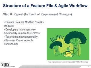 Structure of a Feature File & Agile Workflow Step 6: Repeat (In Event of Requirement Changes) Feature Files are Modified “Breaks the Build” Developers Implement new functionality to make tests “Pass” Testers test new functionality Business Owner Accepts Functionality Image: http://shirtoid.com/wp-content/uploads/2010/08/Bleh-Broccoli.jpg 